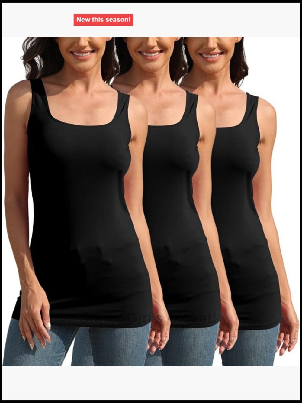 Square Neck Long Tank Tops for Women 3-Pack Cotton Blend Sleeveless Layering